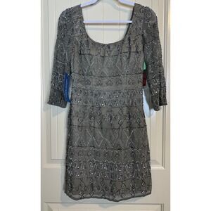 Shail K Beaded sheer sleeves cocktail wedding party formal dress‎ Sz 6 NWT